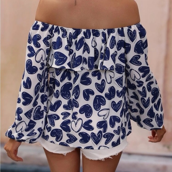 New blue heart off shoulder long sleeve top - Picture 5 of 6